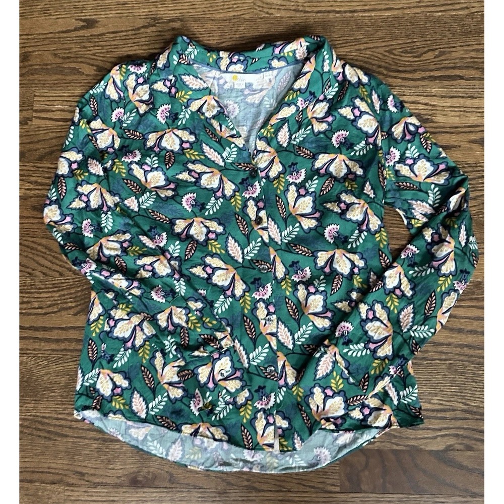 Boden Sierra Blouse Long Sleeve Women's US 4 Green Floral Print V Neck Collar